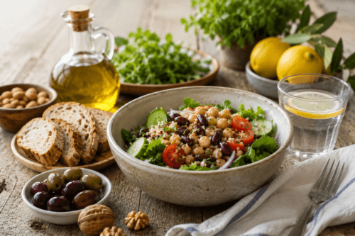 ChatGPT Image 15 lug 2026 09_30_38 | JaxPlus Bowl of chickpea and bean salad with cucumber, cherry tomatoes, and greens on a rustic table, with bread and olives nearby.