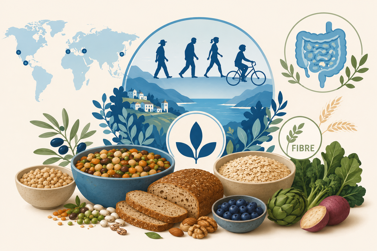 ChatGPT Image 15 lug 2026 10_52_03 | JaxPlus Assorted healthy foods (bread, beans, oats, berries, greens) in the foreground with a global, fiber-themed illustration in the background.